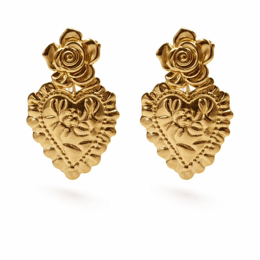 Pendientes corazón vintage con rosa acabado dorado brillante