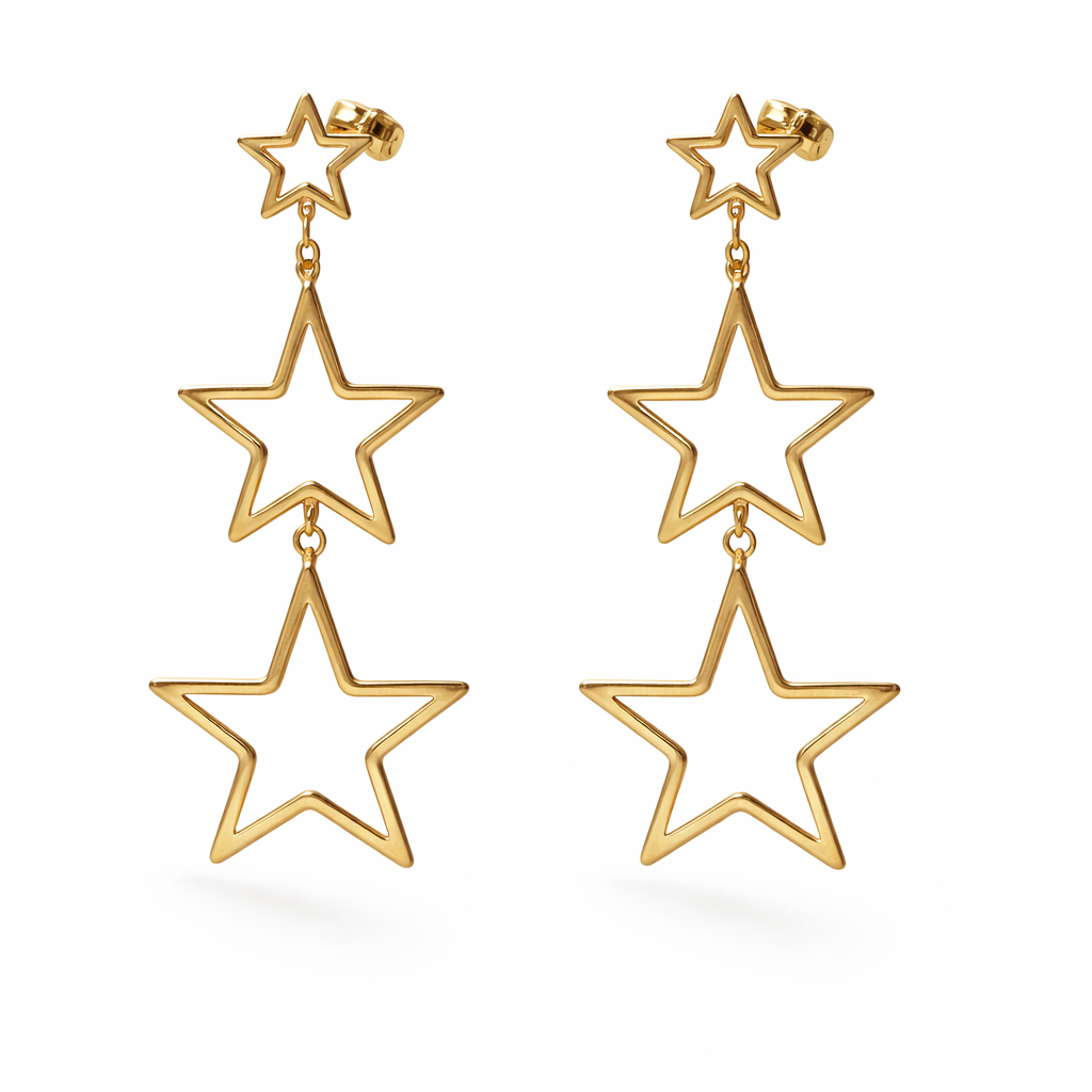 Pendientes largos de estrellas doradas estilo minimal moderno