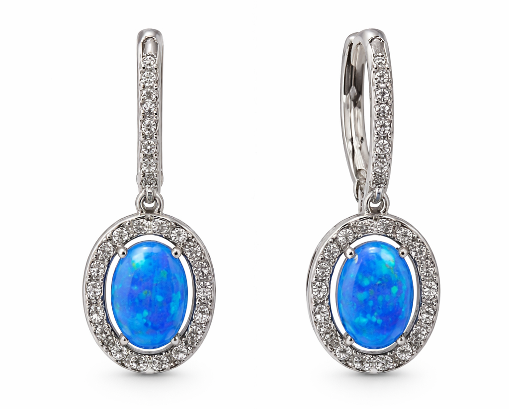Pendientes ovalados con ópalo azul y circonitas en Plata 925