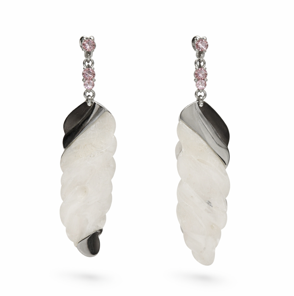 Pendientes largos espiral con piedra blanca y circonitas rosas en Plata 925