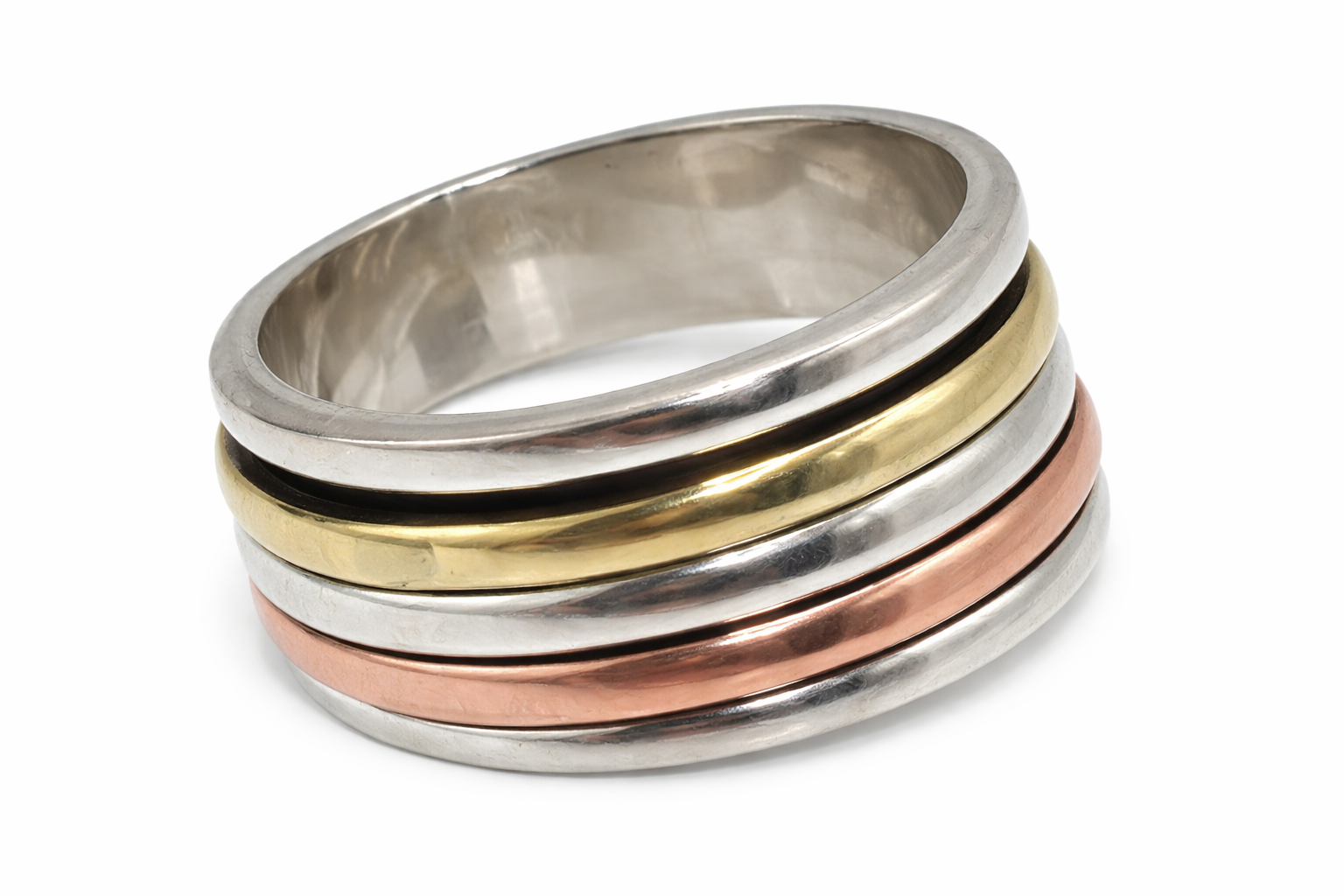 Anillo triple aro giratorio tricolor en Plata 925