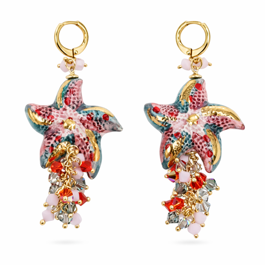 Pendientes Estrella de Mar – Cerámica Siciliana con Oro Puro y Cristales Swarovski