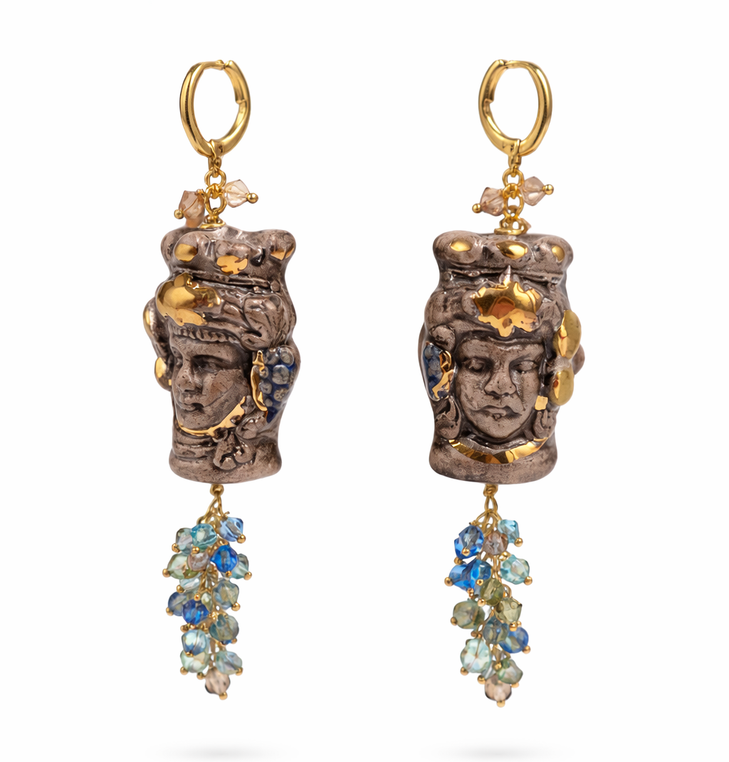 Pendientes “Testa di Moro” – Cerámica Siciliana con Oro Puro y Cristales Swarovski