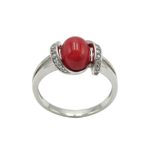 Anillo Elegante  Coral mediterráneo y Circonias  blancas en Plata 925 rodinada