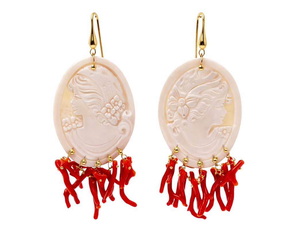 Pendientes Camafeo Sardónico , plata dorada y coral de Cerdeña