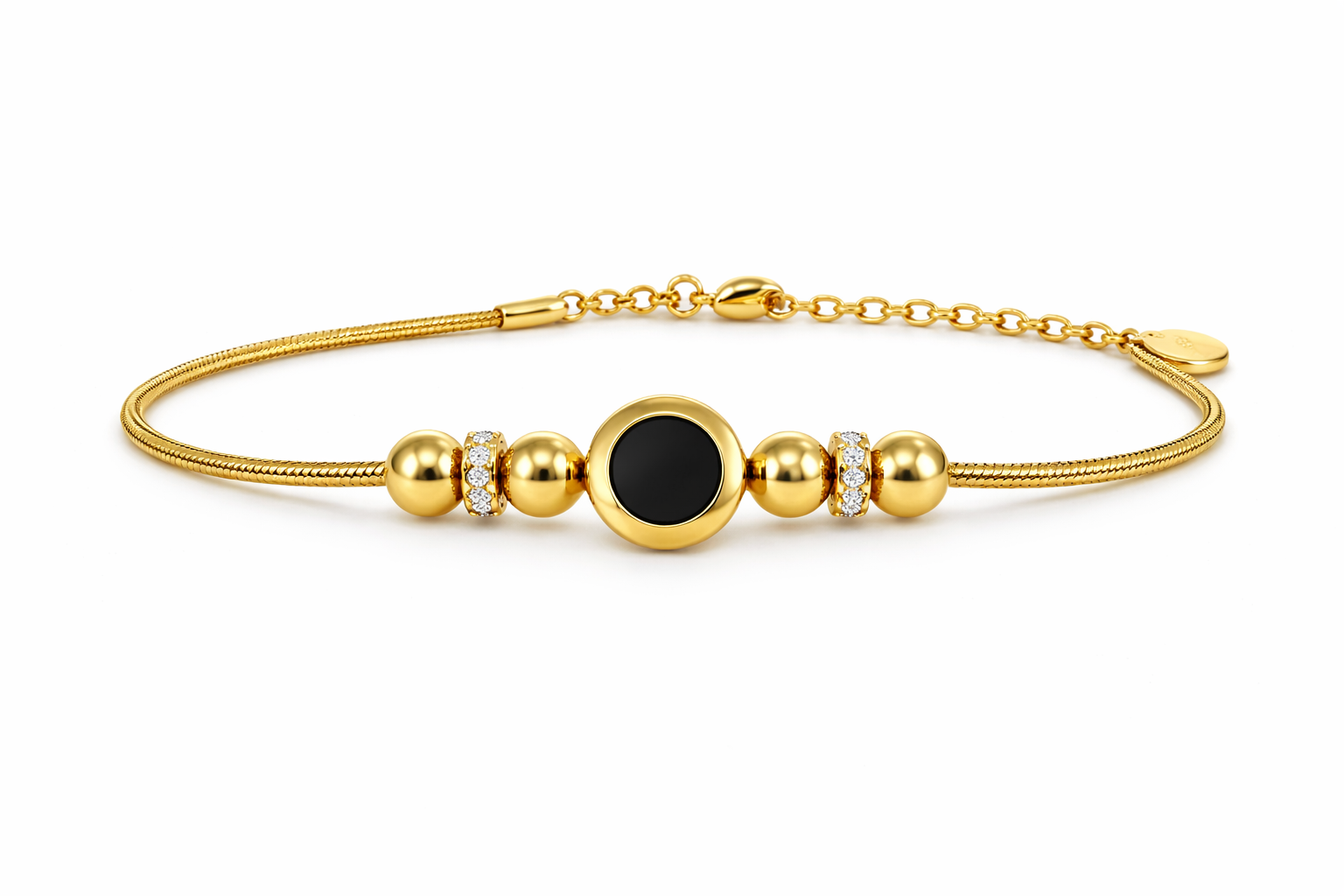 Pulsera Snake Dorada con Medallón Negro y Circonitas