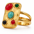 Anillo Dorado Rectangular con Cabujones Multicolor