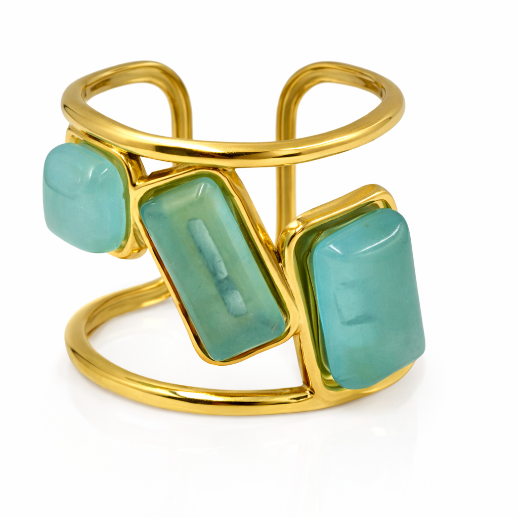 Anillo dorado ajustable con piedras rectangulares verde agua