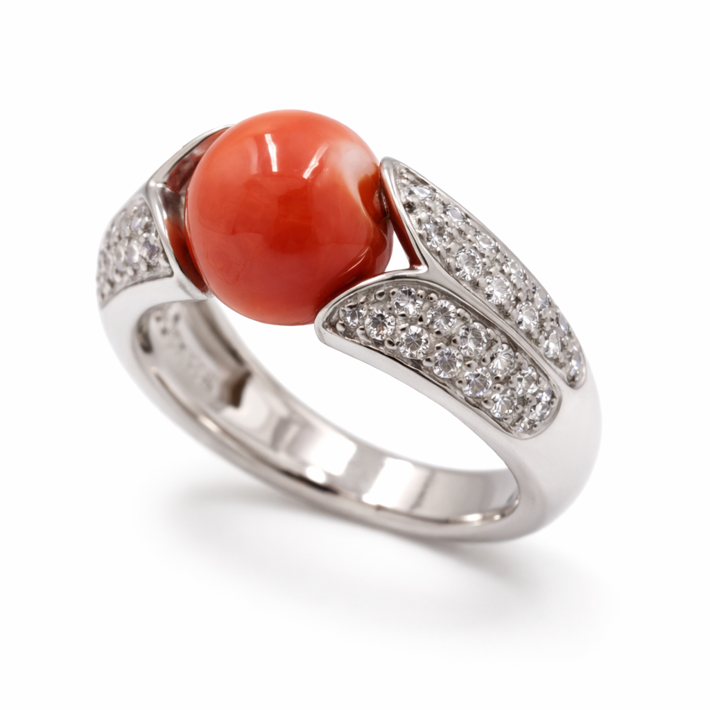 Anillo Plata 925 rodinada con coral mediterráneo rojo y circonitas blancas