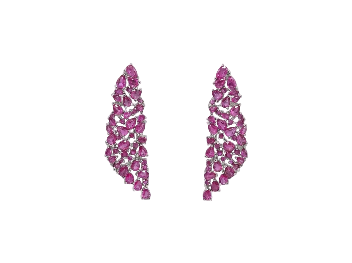 Pendientes Largos Hoja con Circonitas Fucsia en Plata 925