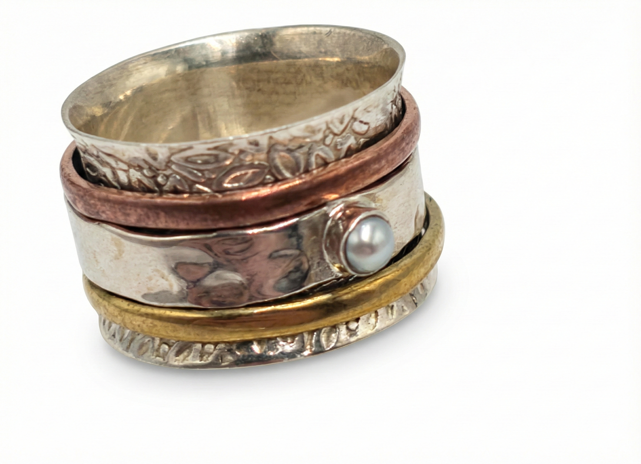Anillo Spinner Multimetal con Perla en Plata de Ley 925