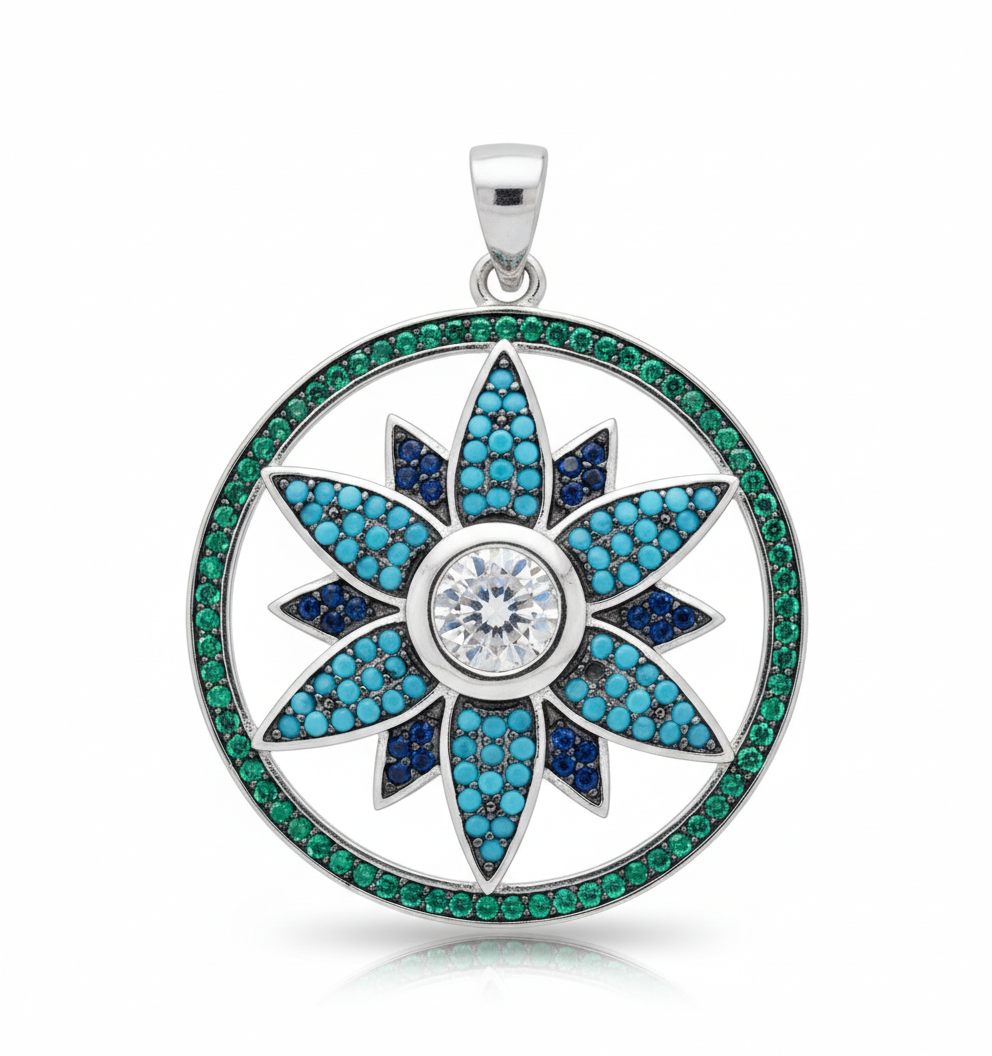 Colgante Mandala Floral Multicolor en Plata de Ley 925